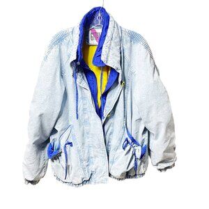 Vintage GITANO Jacket Acid Wash Denim 80s Size M Zip Coat Buttons Blue Trim Nice
